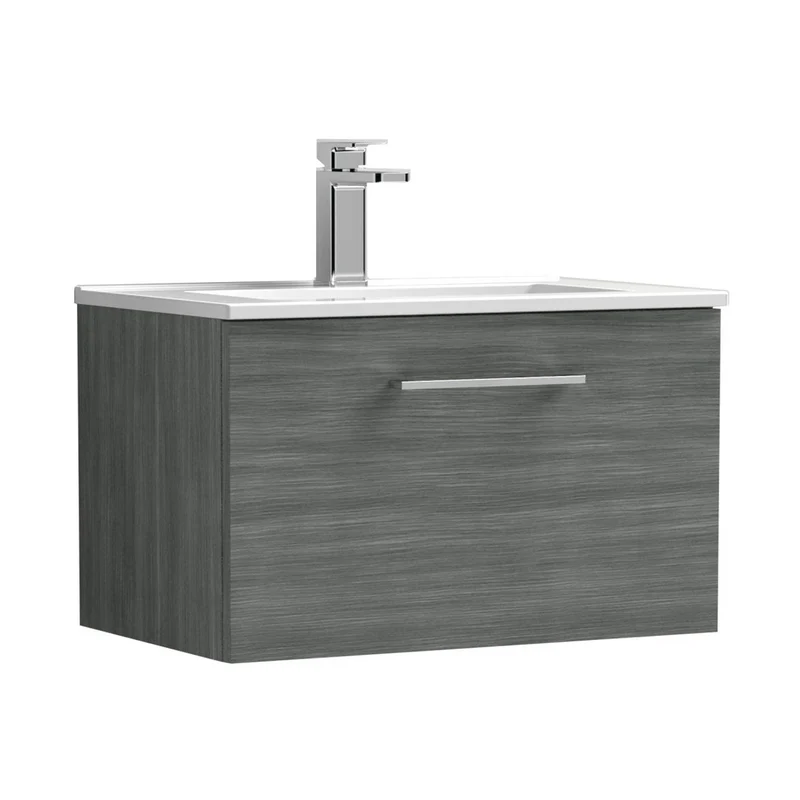 Nuie Arno 600mm Wall Hung 1 Drawer Vanity & Basin 2 Contemporary Anthracite Woodgrain 377x600x390mm
