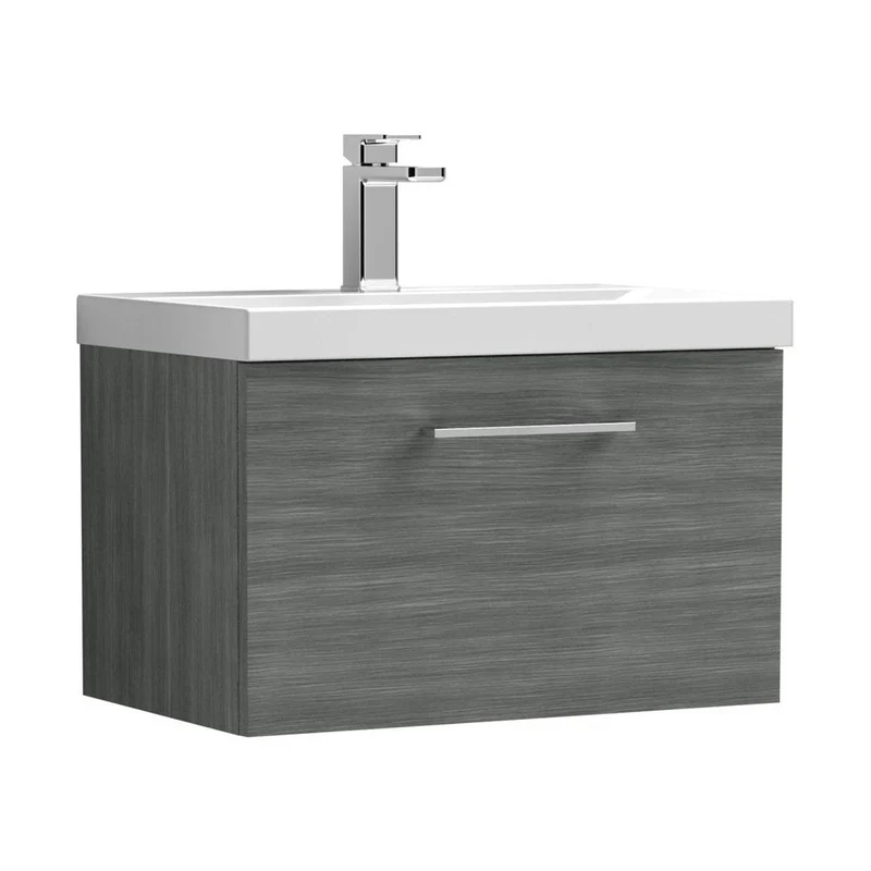 Nuie Arno 600mm Wall Hung 1 Drawer Vanity & Mid Edge Basin Contemporary Anthracite Woodgrain MFC Textured Woodgrain,vitreous China 399x610x390mm