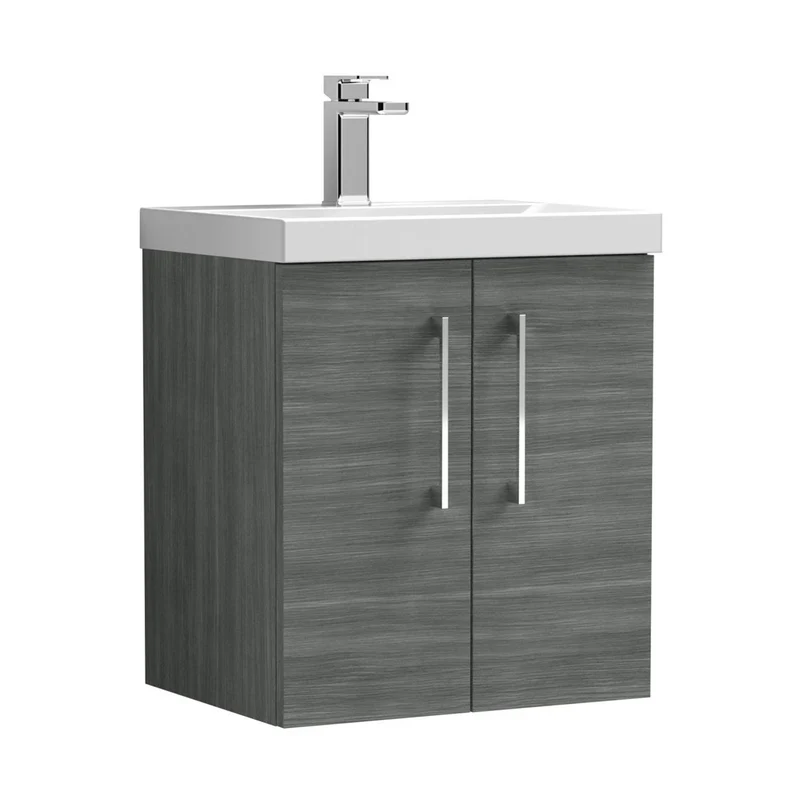 Nuie Arno 500mm Wall Hung 2 Door Vanity & Basin 3 Contemporary Anthracite Woodgrain 589x510x395mm