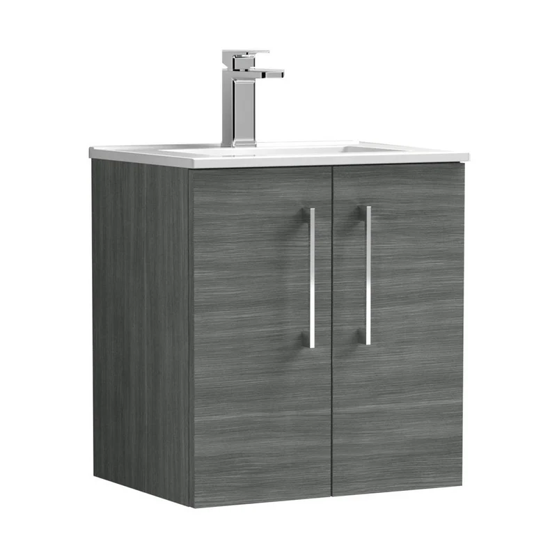 Nuie Arno 500mm Wall Hung 2 Door Vanity & Basin 2 Contemporary Anthracite Woodgrain 557x500x390mm
