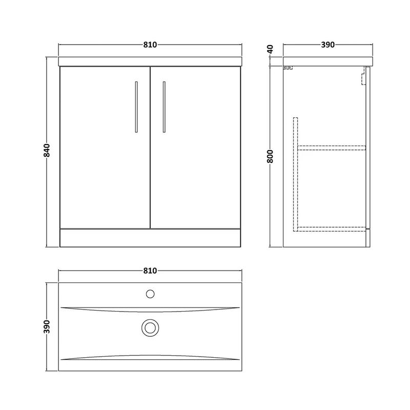 Nuie Arno 800mm Floor Standing 2 Door Vanity & Basin 1 Contemporary Anthracite Woodgrain MFC 840x810x390mm