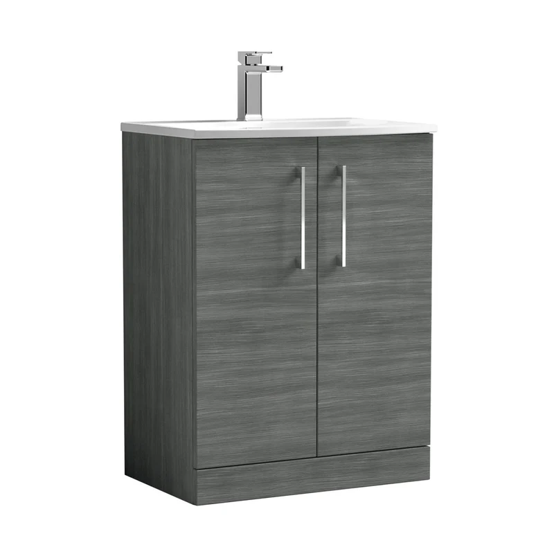 Nuie Arno 600mm Floor Standing 2 Door Vanity & Basin 4 Contemporary Anthracite Woodgrain MFC 830x610x440mm