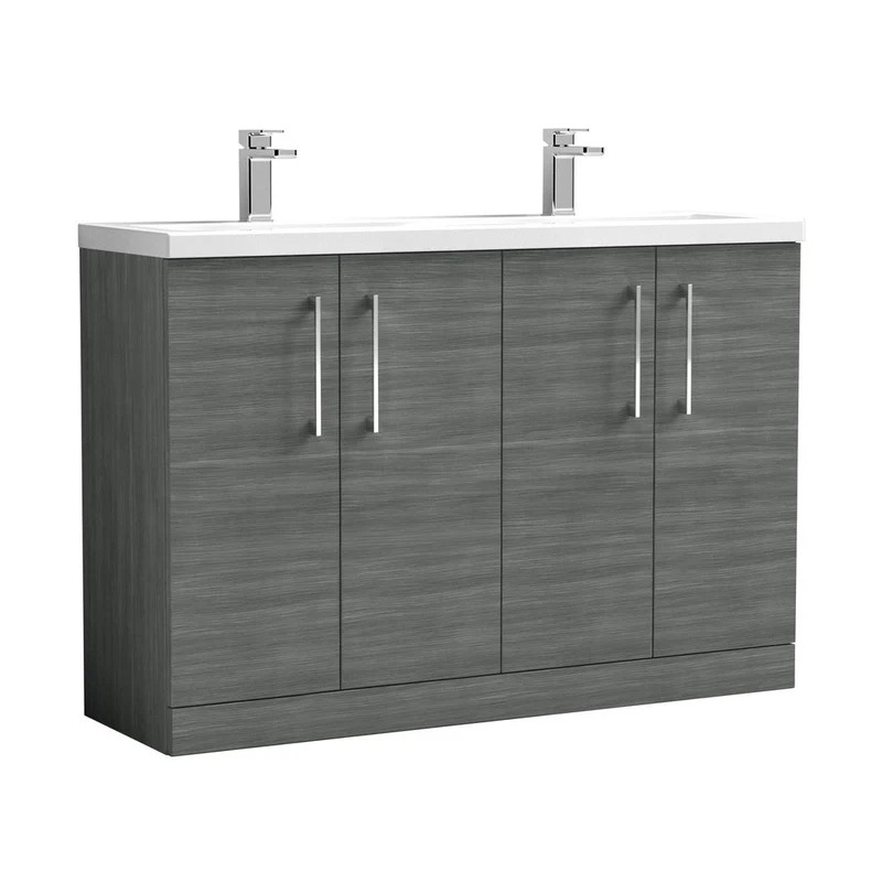 Nuie Arno 1200mm Floor Standing 4 Door Vanity & Double Basin Contemporary Anthracite Woodgrain MFC Textured Woodgrain 840x1205x383mm - ARN503F