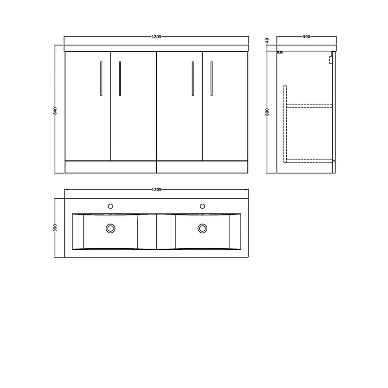 Nuie Arno 1200mm Floor Standing 4 Door Vanity & Double Basin Contemporary Anthracite Woodgrain MFC Textured Woodgrain 840x1205x383mm - ARN503F