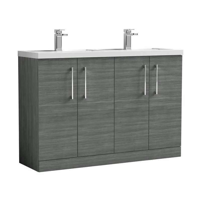 Nuie Arno 1200mm Floor Standing 4 Door Vanity & Double Basin Contemporary Anthracite Woodgrain MFC Textured Woodgrain 840x1205x383mm - ARN503C