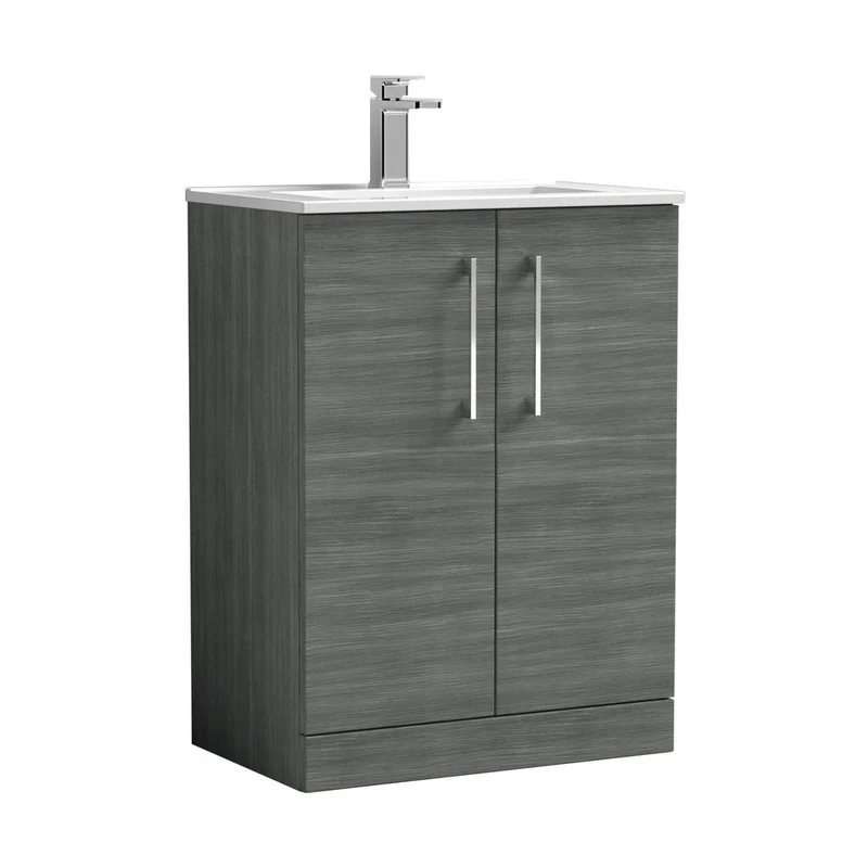 Nuie Arno 600mm Floor Standing 2 Door Vanity & Basin 2 Contemporary Anthracite Woodgrain MFC 815x600x390mm