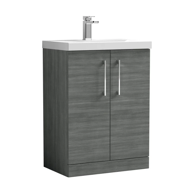Nuie Arno 600mm Floor Standing 2 Door Vanity & Basin 1 Contemporary Anthracite Woodgrain MFC 840x610x390mm