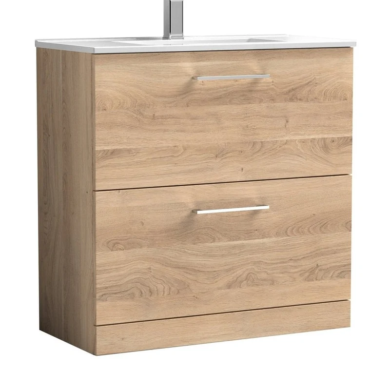 Nuie Arno 800mm Floor Standing 2-drawer Vanity & Basin 2 Contemporary Bleached Oak MFC 818x800x390mm