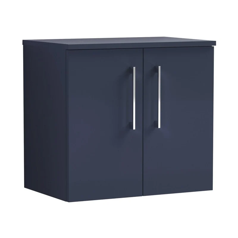 Nuie Arno 600mm Wall Hung 2-door Vanity & Worktop Contemporary Midnight Blue MFC Painted Matt 558x605x390mm