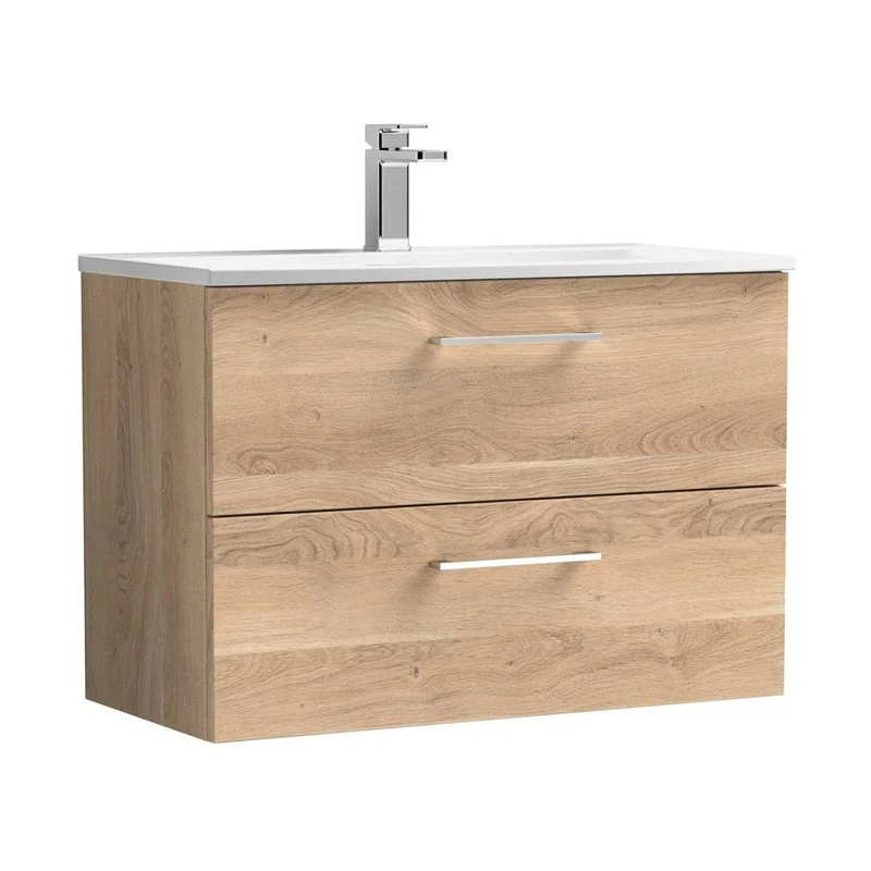 Nuie Arno 800mm Wall Hung 2-drawer Vanity & Basin 4 Contemporary Bleached Oak 570x810x440mm