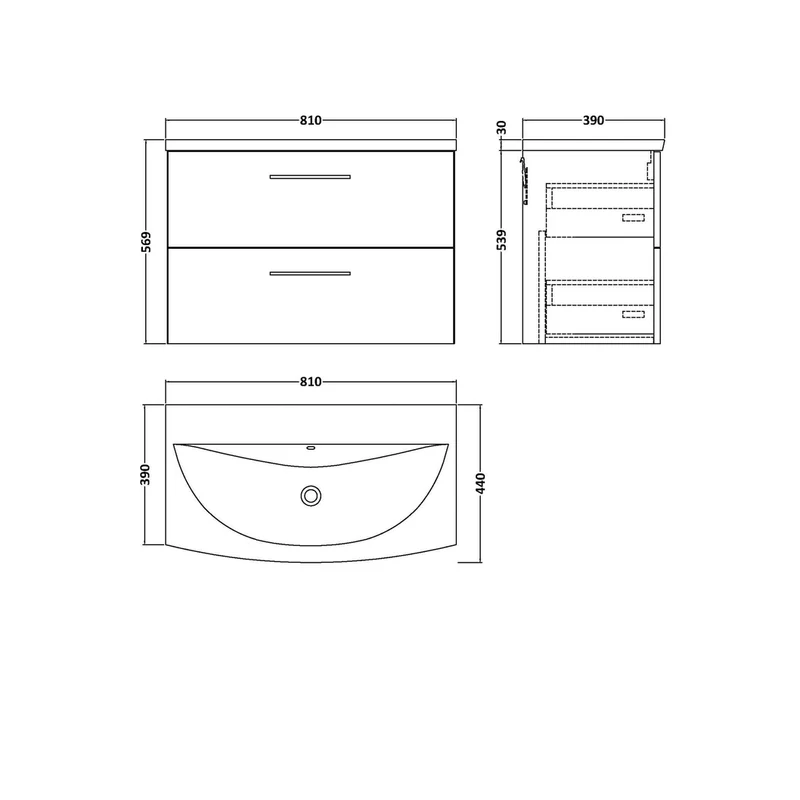 Nuie Arno 800mm Wall Hung 2-drawer Vanity & Basin 4 Contemporary Bleached Oak 570x810x440mm