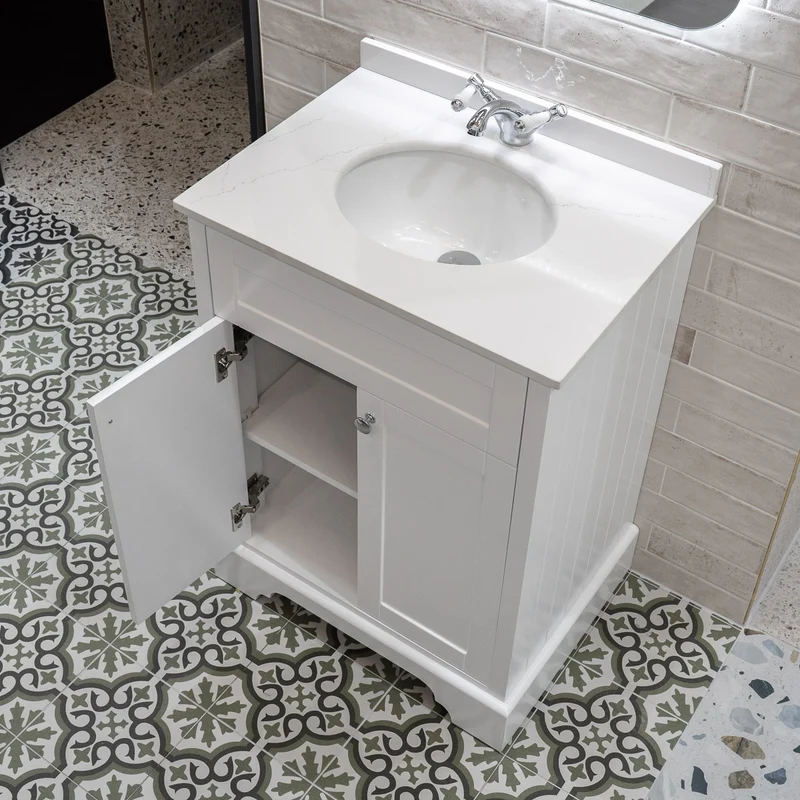 Kingsbury 600mm Traditional Floor Standing Vanity Unit With Marble Top And Undermount Bowl - White