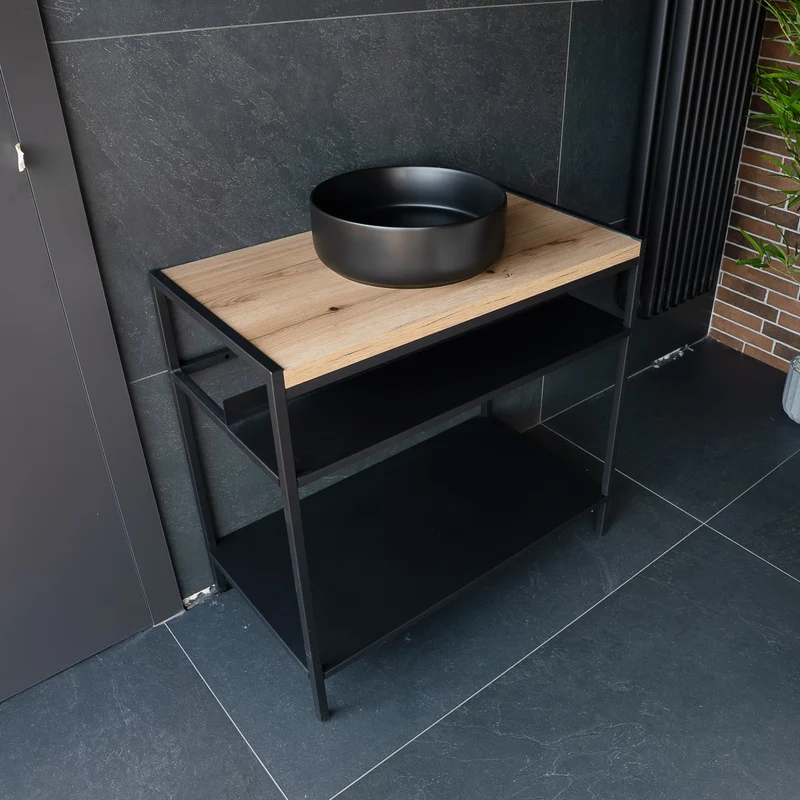 Lisboa 840 Floor Standing Matt Black Metal & Wood Washstand