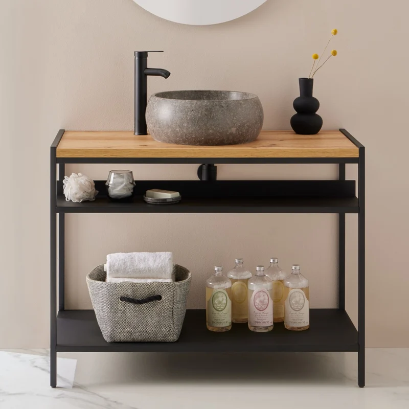 Lisboa 840 Floor Standing Matt Black Metal & Wood Washstand
