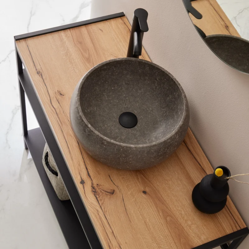 Lisboa 840 Floor Standing Matt Black Metal & Wood Washstand