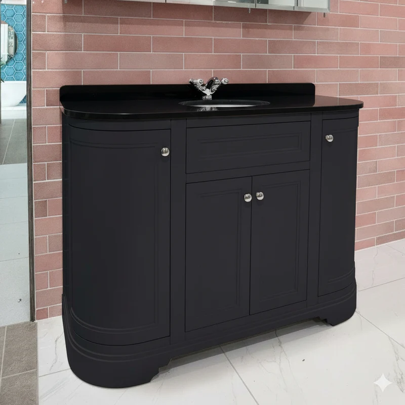 Kingsbury Classic Curved 1200mm Floor Standing Vanity Unit, Black Worktop & Ceramic Basin - Dark Grey