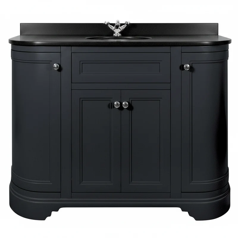 Kingsbury Classic Curved 1200mm Floor Standing Vanity Unit, Black Worktop & Ceramic Basin - Dark Grey