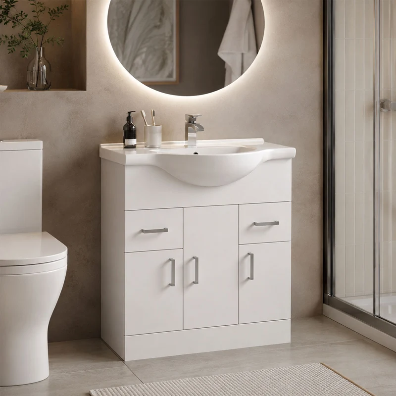 Nuie Mayford 750mm Floor Standing Gloss White Cabinet & Ceramic Round Basin