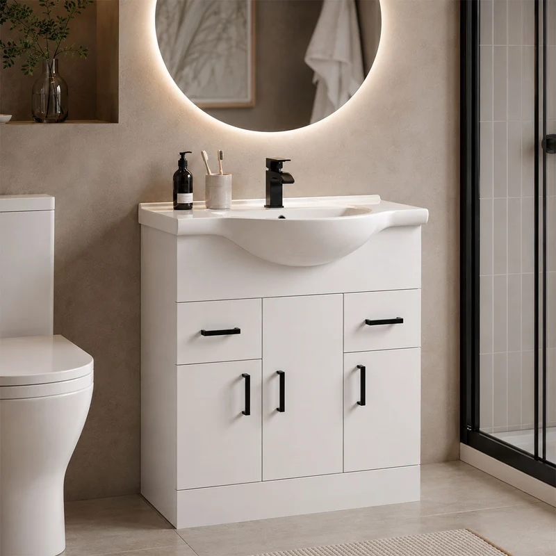 Nuie Mayford 750mm Floor Standing Gloss White Cabinet & Ceramic Round Basin