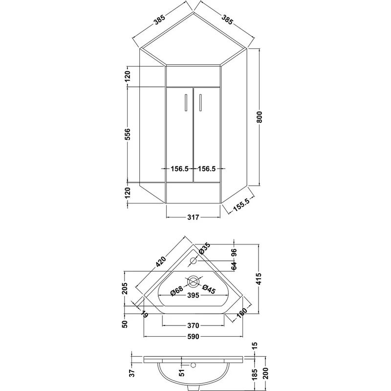Nuie Mayford Cloakroom 555 x 395mm Floor Standing Corner Vanity Unit With 2 Doors & Ceramic Basin - Gloss White