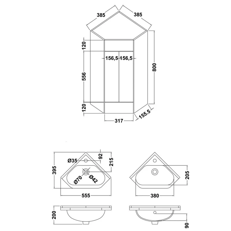 Nuie Mayford Cloakroom 555 x 395mm Floor Standing Corner Vanity Unit With 1 Door & Ceramic Basin - Gloss White