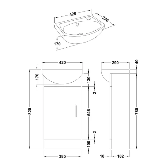 Nuie Mayford Cloakroom 420 x 290mm Floor Standing Vanity Unit With 1 Door & Ceramic Basin - Gloss White