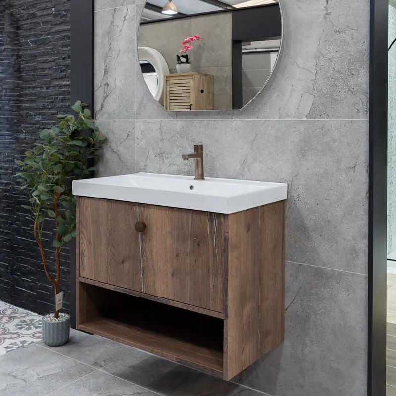 Josef Martin Havana 800mm Wall Hung Vanity Unit & Inset Basin - Pewter Oak