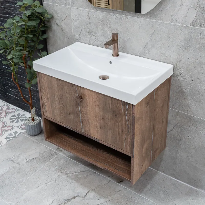 Josef Martin Havana 800mm Wall Hung Vanity Unit & Inset Basin - Pewter Oak