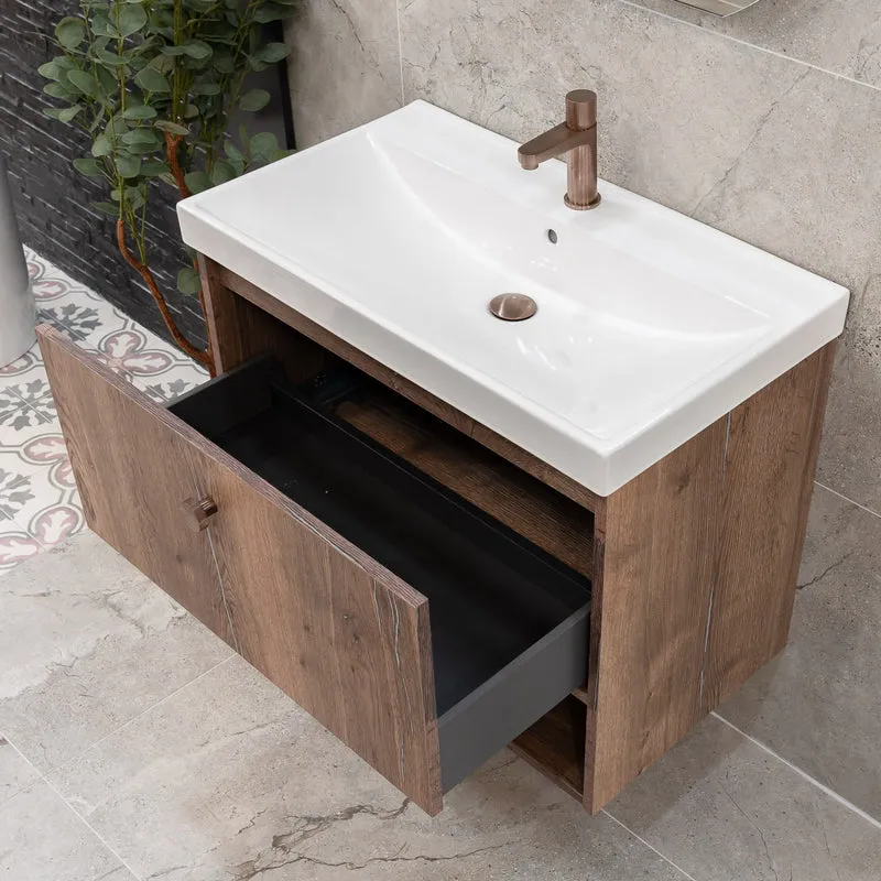 Josef Martin Havana 800mm Wall Hung Vanity Unit & Inset Basin - Pewter Oak
