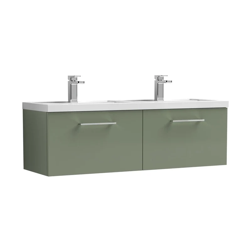 Nuie Arno 1200mm Wall Hung 2 Drawer Vanity & Double Basin Contemporary Satin Green MFC Painted Matt 377x1205x383mm