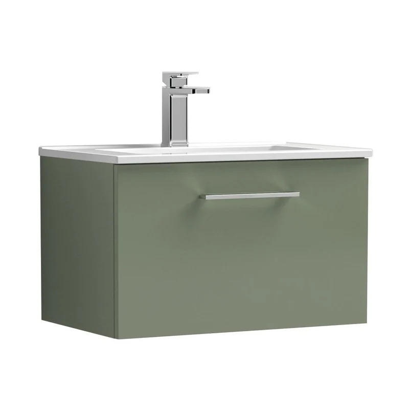 Nuie Arno 600mm Wall Hung 1 Drawer Vanity & Basin 2 Contemporary Satin Green MFC Painted Matt 377x600x390mm