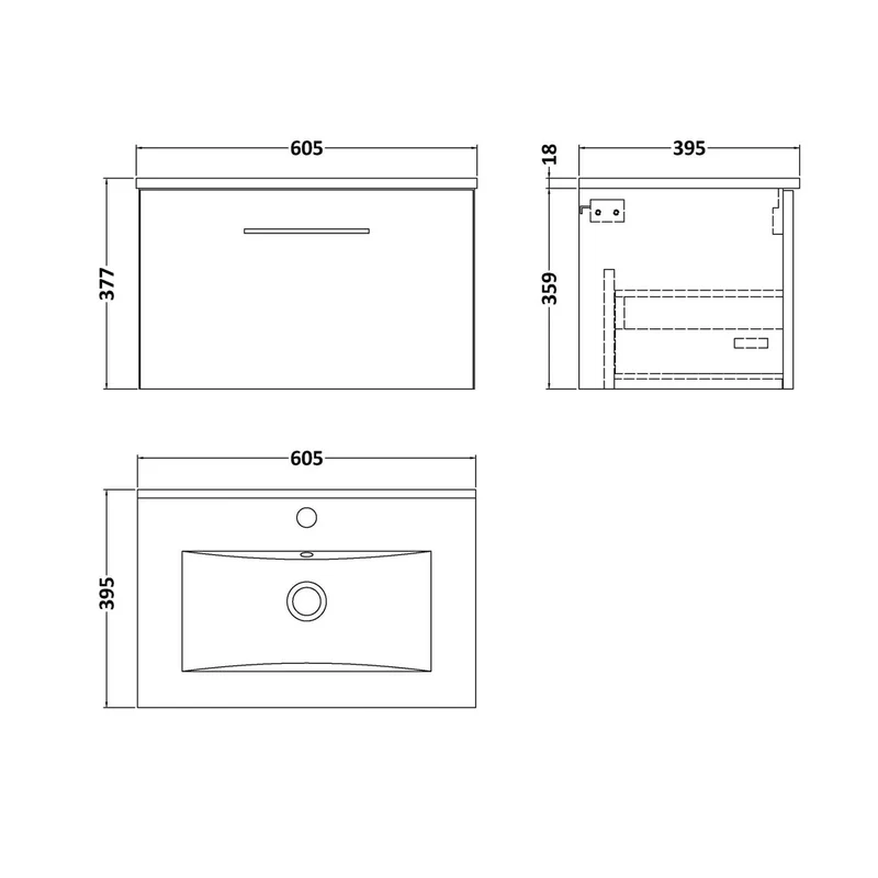 Nuie Arno 600mm Wall Hung 1 Drawer Vanity & Basin 2 Contemporary Satin Green MFC Painted Matt 377x600x390mm