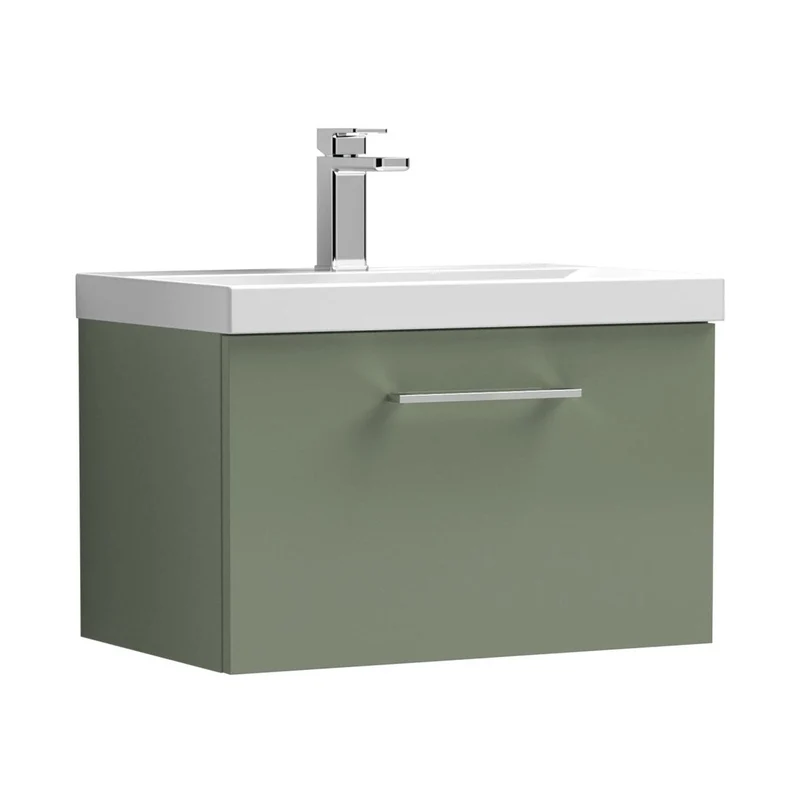 Nuie Arno 600mm Wall Hung 1 Drawer Vanity & Basin 1 Contemporary Satin Green MFC Painted Matt 399x610x390mm