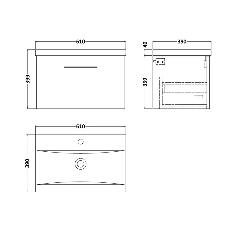 Nuie Arno 600mm Wall Hung 1 Drawer Vanity & Basin 1 Contemporary Satin Green MFC Painted Matt 399x610x390mm