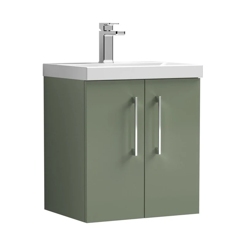 Nuie Arno 500mm Wall Hung 2 Door Vanity & Basin 3 Contemporary Satin Green 589x510x395mm
