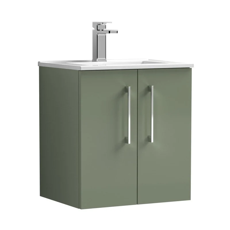 Nuie Arno 500mm Wall Hung 2 Door Vanity & Basin 2 Contemporary Satin Green 557x500x390mm