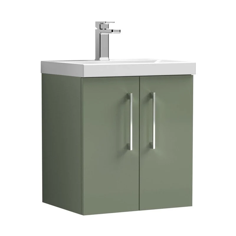 Nuie Arno 500mm Wall Hung 2 Door Vanity & Basin 1 Contemporary Satin Green 579x510x390mm