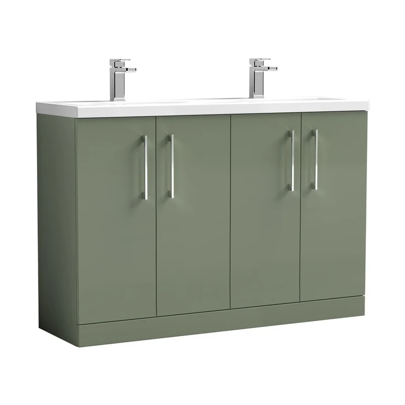 Nuie Arno 1200mm Floor Standing 4 Door Vanity & Double Basin Contemporary Satin Green MFC Painted Matt 840x1205x383mm - ARN803F