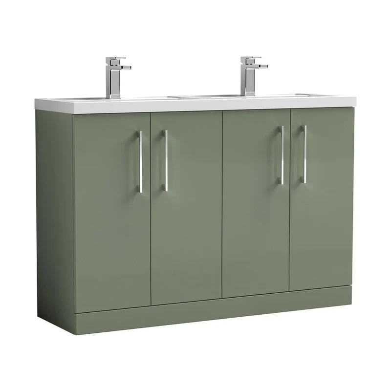 Nuie Arno 1200mm Floor Standing 4 Door Vanity & Double Basin Contemporary Satin Green MFC Painted Matt 840x1205x383mm - ARN803C