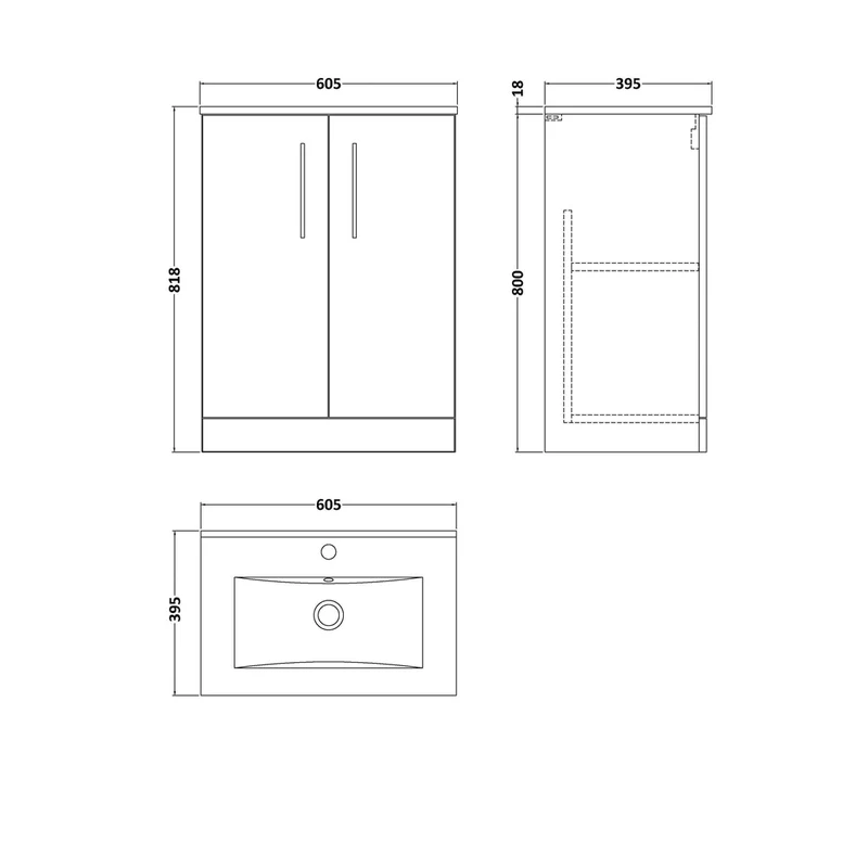 Nuie Arno 600mm Floor Standing 2 Door Vanity & Basin 2 Contemporary Satin Green MFC 815x600x390mm