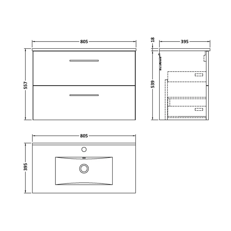 Nuie Arno 800mm Wall Hung 2 Drawer Vanity & Basin 2 Contemporary Charcoal Black 557x800x390mm