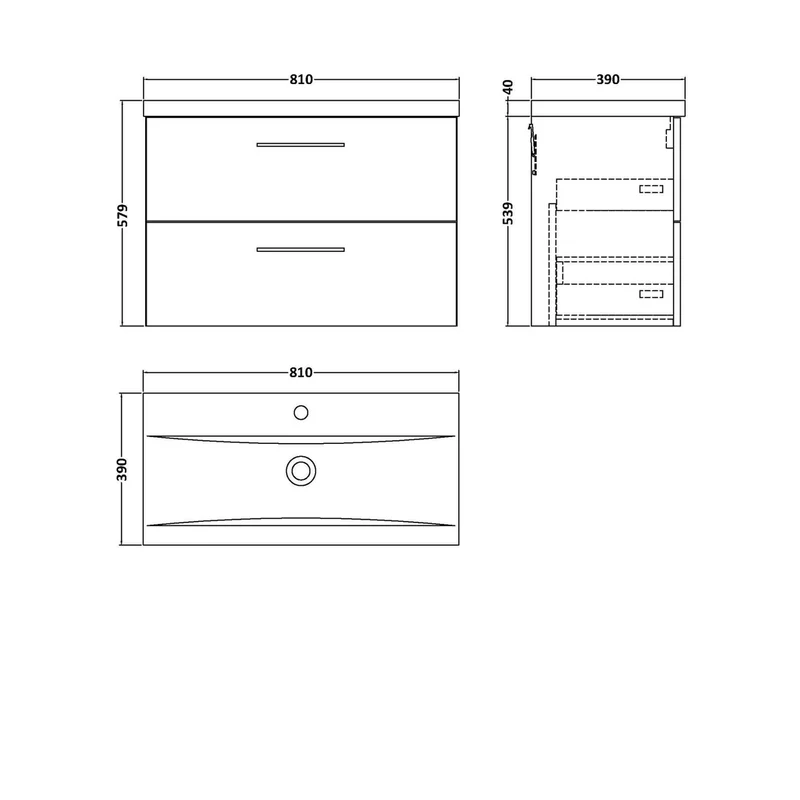 Nuie Arno 800mm Wall Hung 2 Drawer Vanity & Basin 1 Contemporary Charcoal Black 579x810x390mm