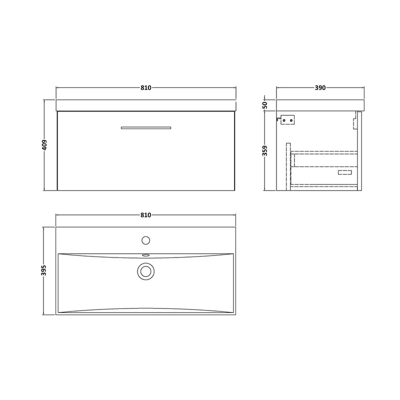 Nuie Arno 800mm Wall Hung 1 Drawer Vanity & Basin 3 Contemporary Charcoal Black 409x810x395mm