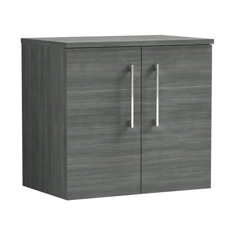Nuie Arno 600mm Wall Hung 2 Door Vanity & Worktop Contemporary Anthracite Woodgrain MFC Textured Woodgrain 557x605x383mm
