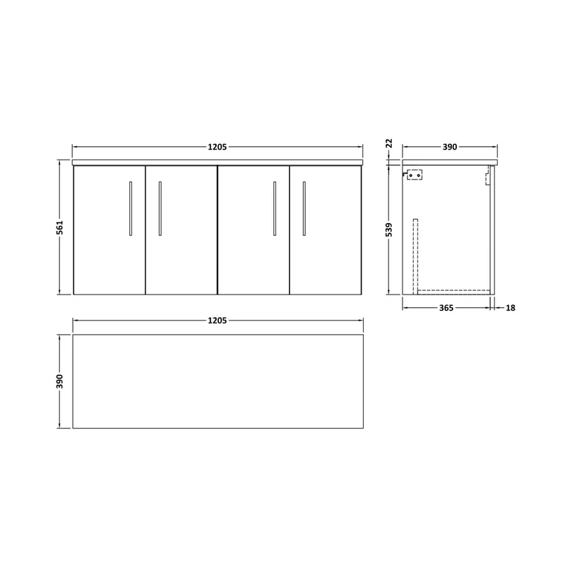 Nuie Arno 1200mm Wall Hung 4-door Vanity & Laminate Worktop Contemporary Anthracite Woodgrain MFC Textured Woodgrain 561x1205x390mm - ARN523LCM2