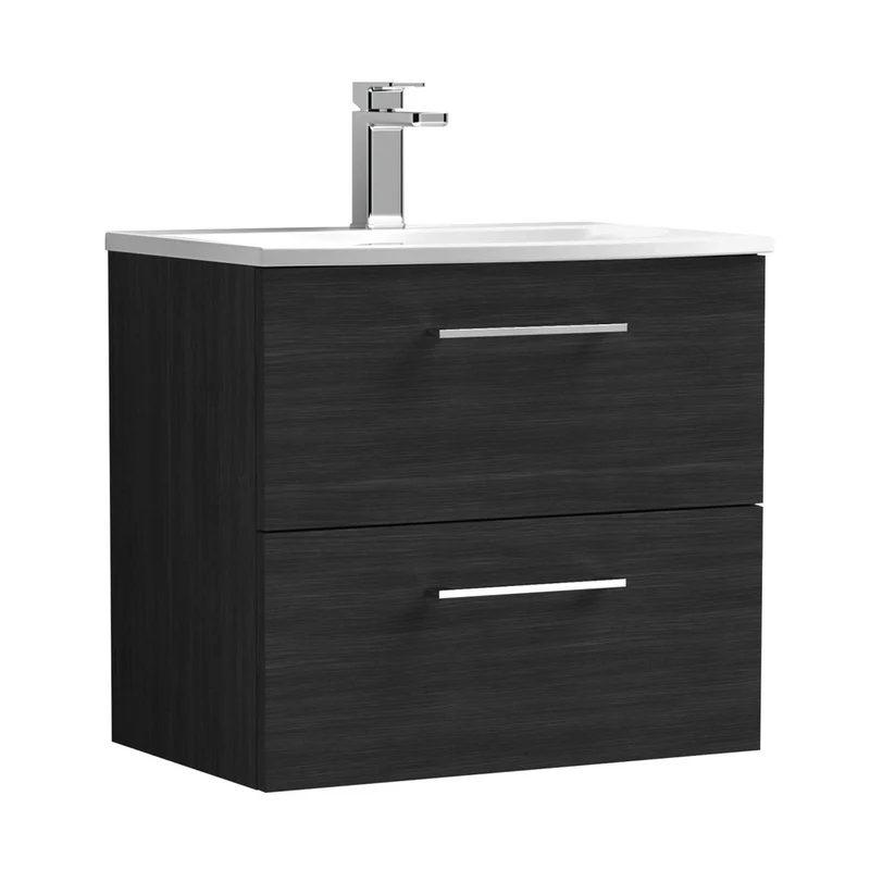 Nuie Arno 600mm Wall Hung 2 Drawer Vanity & Basin 4 Contemporary Charcoal Black 570x610x440mm