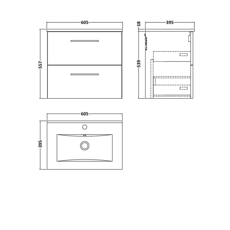 Nuie Arno 600mm Wall Hung 2 Drawer Vanity & Basin 2 Contemporary Charcoal Black 557x600x390mm