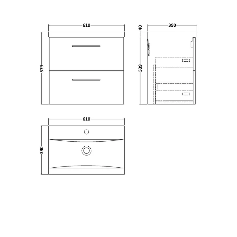 Nuie Arno 600mm Wall Hung 2 Drawer Vanity & Basin 1 Contemporary Charcoal Black 579x610x390mm