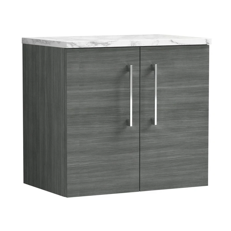 Nuie Arno 600mm Wall Hung 2-door Vanity & Laminate Worktop Contemporary Anthracite Woodgrain MFC Textured Woodgrain 561x605x390mm