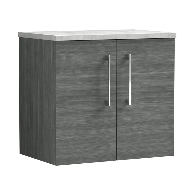 Nuie Arno 600mm Wall Hung 2 Door Vanity & Laminate Top Contemporary Anthracite Woodgrain MFC Textured Woodgrain 561x605x390mm